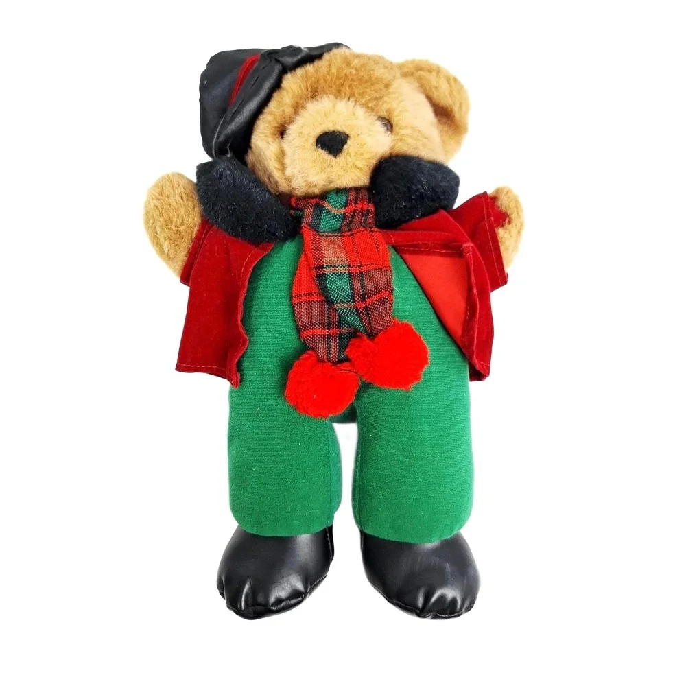 Vintage Christmas Teddy Bear Plush‎ Red Velvet Coat Green Pants Plaid Scarf 12in